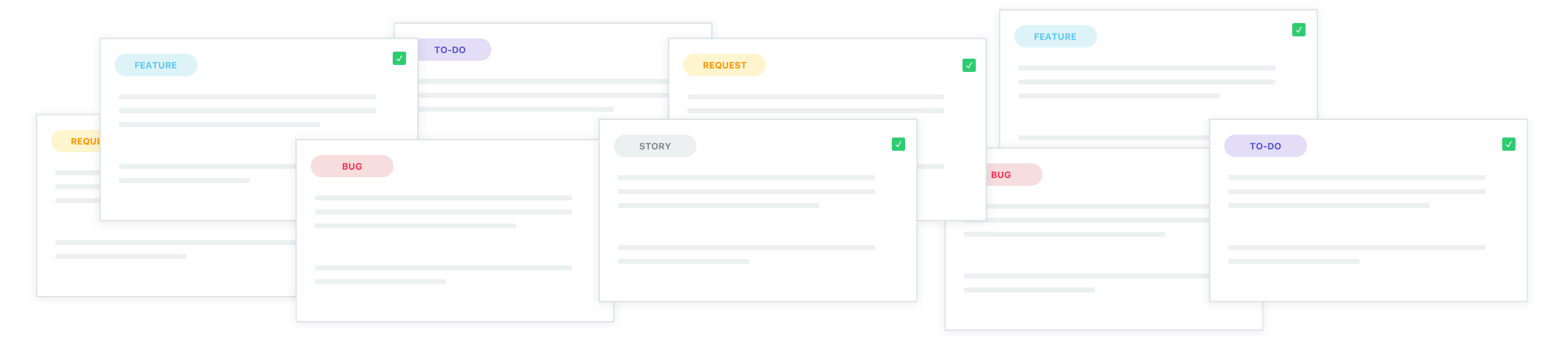 Grafik mit verschiedenen Zettel und den Aufschriften request, story, bugs 