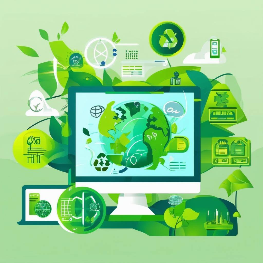 Illustration eines Computers mit einer Weltkugel auf dem Bildschirm, umgeben von grünen Symbolen und Pflanzen, die nachhaltige Softwareentwicklung und umweltfreundliche Technologie darstellen